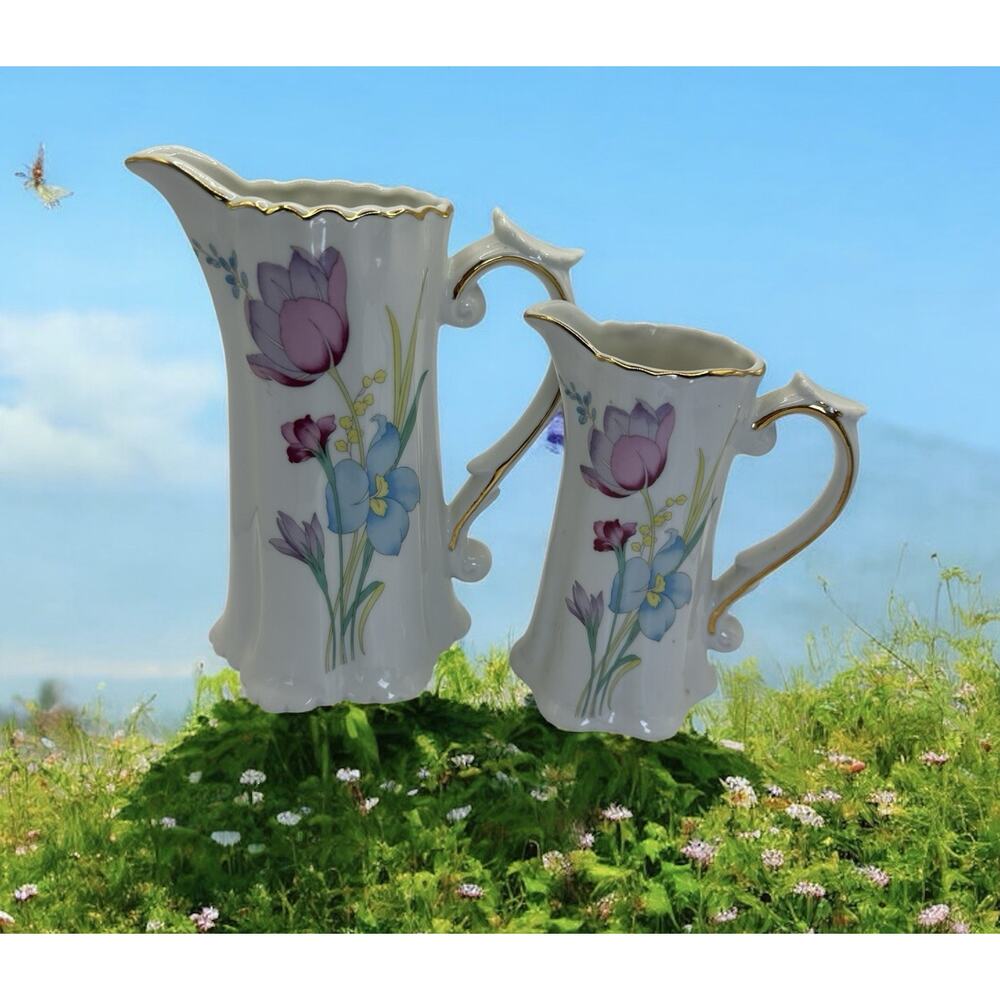 Vintage Pair of Inarco Floral Hand Painted Porcelian Pitchers Japan 1970s
